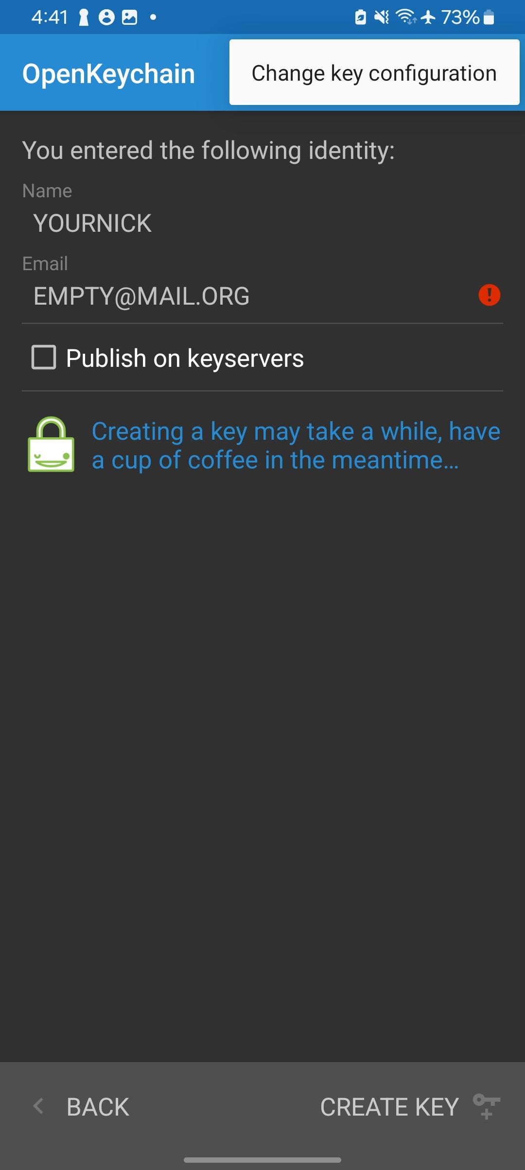 Change key settings screen