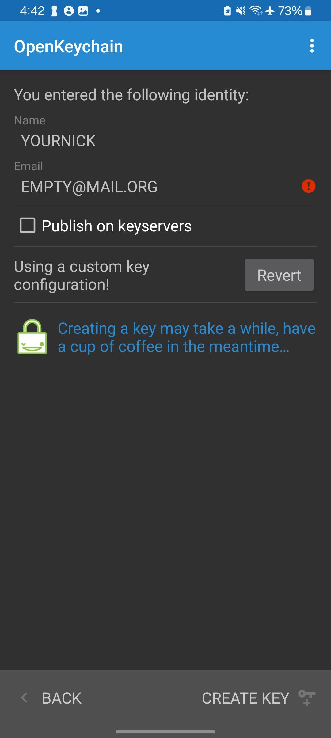 Create key screen