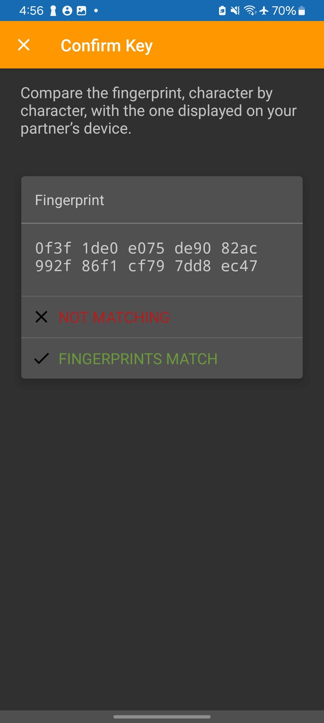 Step 4: Key confirmation after checking the fingerprint