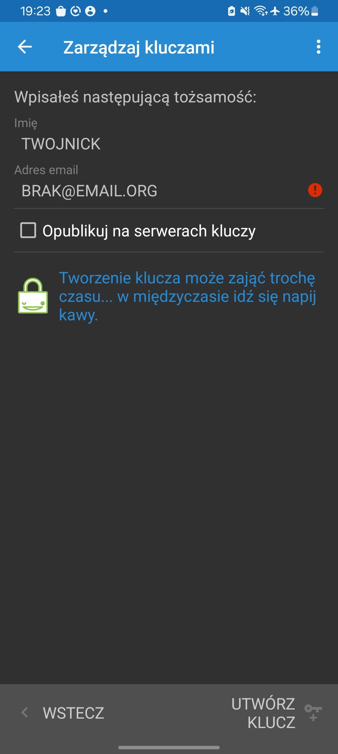 Ekran wyboru opcji zmiany ustawień klucza