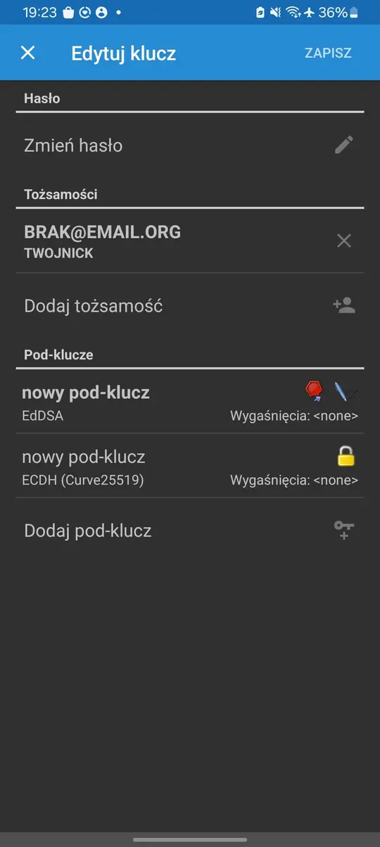 Ekran ustawiania hasła do klucza