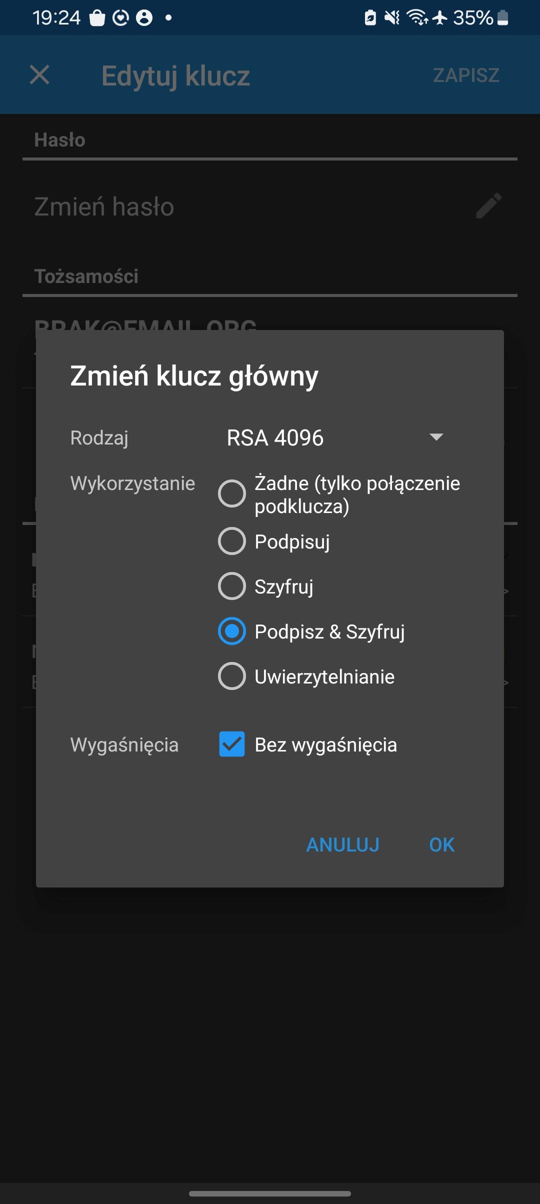 Ekran ustawiania klucza głównego