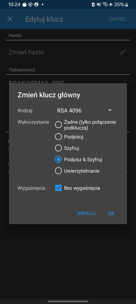 Ekran ustawiania klucza głównego