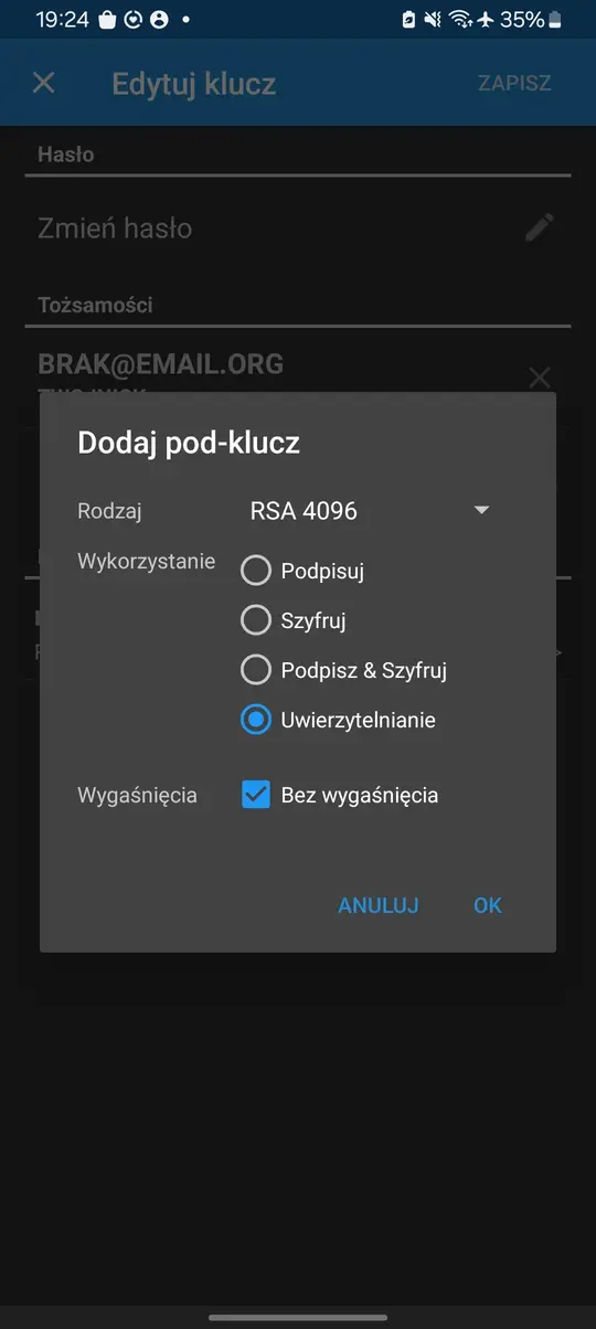 Ekran ustawiania podklucza