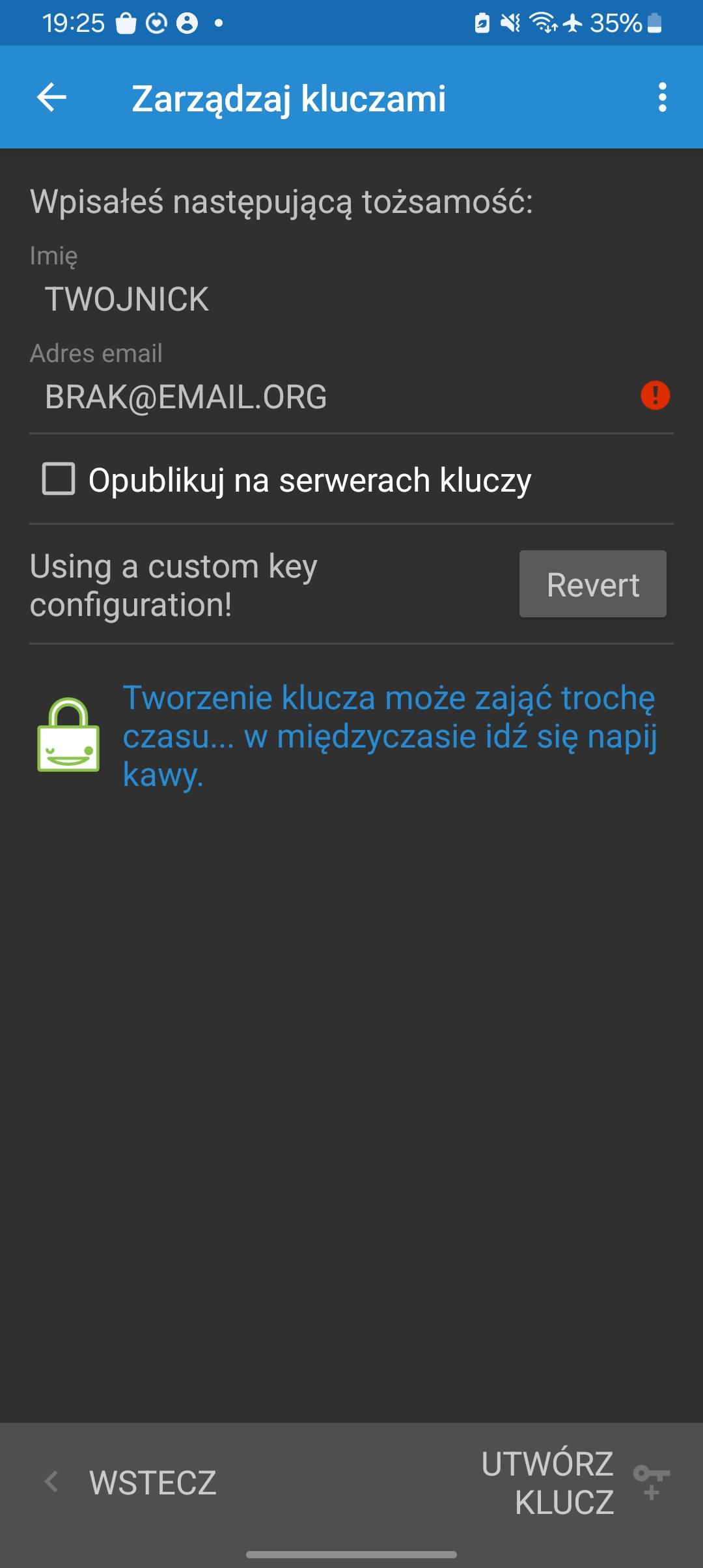 Ekran tworzenia klucza